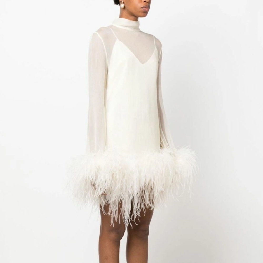 Taller Marmo Neutral Gina Spirito Feather-Trim Mini Dress NWT